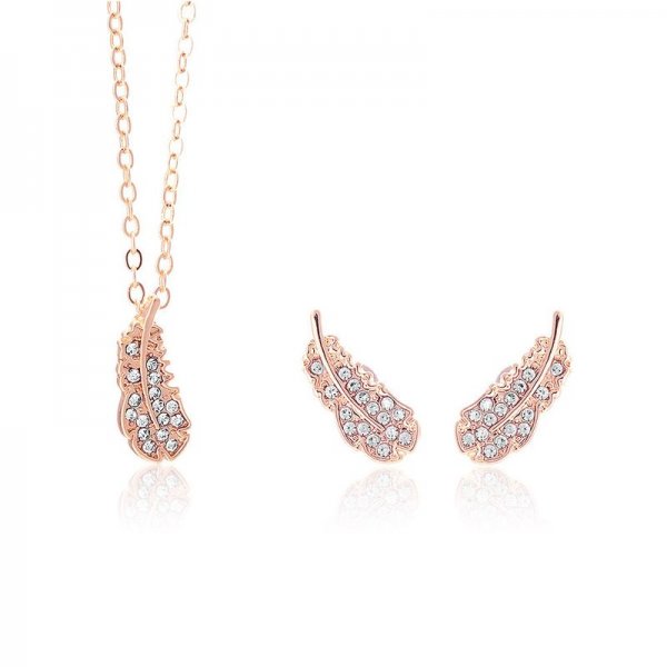 Feather Crystal Necklace Earrings Set