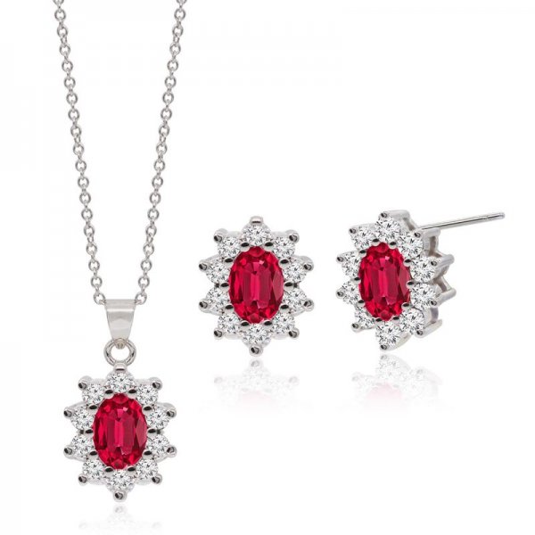 Rhodium Plated Red Gemstone Sunburst Jewelry Set