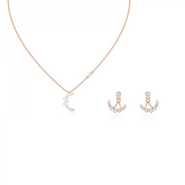 Crystal Moon Star Pierced Earring Jackets and Necklace Set